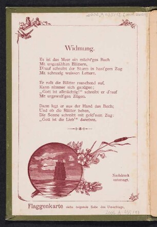 Vorderdeckel. Anpappblatt mit Widmung : Erinnerung an Sylt. Leporello mit Landschafts- und Architekturaufnahmen. Leineneinband, beschichtet und bedruckt; 8 x 12 x 1,6 cm (1892; Verlag Max Braune). Dresden: SLUB/DF 2006.A.435