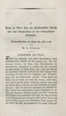 277-369 Noch ein Wort über die Persönlichkeit Christi und das Wunderbare in der evangelischen Geschichte : Antwortschreiben an Herrn Dr. Strauß