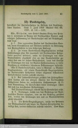 12) Bundesgesetz, betreffend die Portofreiheiten im Gebiete des Norddeutschen Bundes : Vom 5. Juni 1869