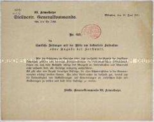 Rundschreiben des VII. Armeekorps an alle Zeitungen mit der Aufforderung zum Abdruck einer Aufforderung zur rechtzeitigen Beantragung von Arbeiten an elekktrischen Anlagen vor dem Winter