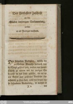 Des Verfassers Zuschrift an die Glieder derjenigen Versammlung, welcher er als Prediger vorstund.