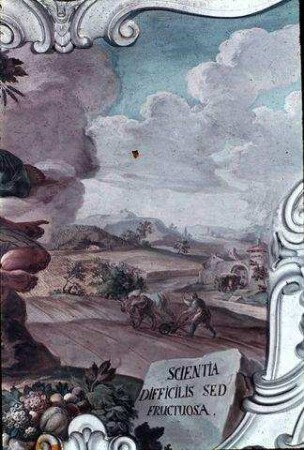 Bauer mit der Personifikation der Fruchtbarkeit vor einer Landschaft mit landwirtschaftlichen Arbeiten: "Scientia difficilis sed fructuosa"