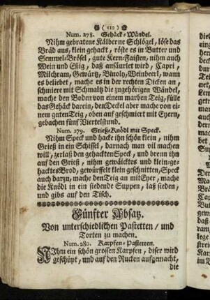 Fünfter Absatz. Von unterschiedlichen Pastetten/ und Torten zu machen.
