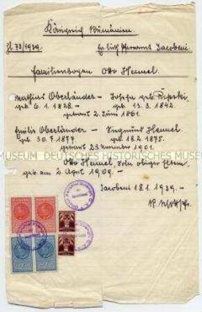 Beglaubigtes Blatt mit Angaben zur Familie von Otto Hennel - Familienkonvolut
