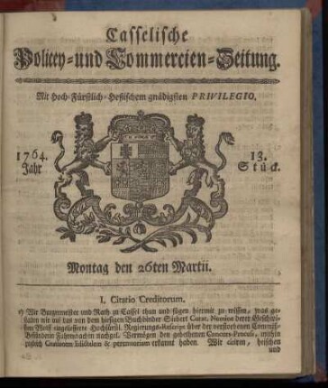 13. Stueck, Montag den 26ten Martii 1764