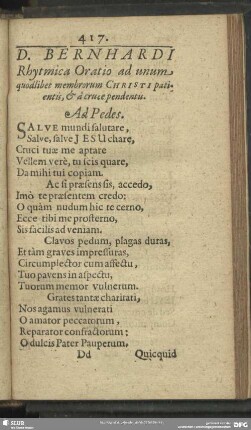 D. Bernhardi Rhytmica Oratio ad unum quodlibet membrorum Christi patientis, & a cruce pendentis
