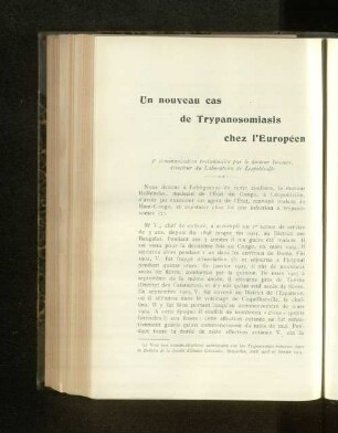 Un nouveau cas de Trypanosomiasis chez l'Européen.