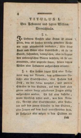 Titulus I. Von Testament und letzten Willens-Vermächtnüs.