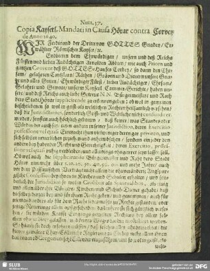 Num. 37. Copia Kayserl. Mandati in Causa Höxar contra Corvey de Anno 1640