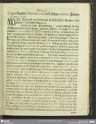 Num. 37. Copia Kayserl. Mandati in Causa Höxar contra Corvey de Anno 1640