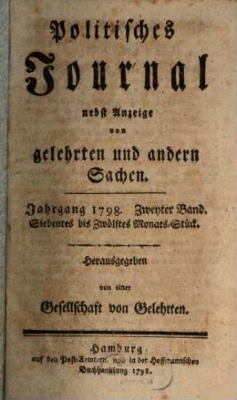 Politisches Journal : Darstellung des Weltlaufs in den Begebenheiten und Staatsacten. 1798,2
