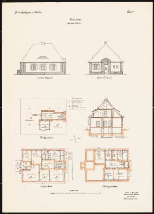 Zentralgefängnis, Mühlenweg, Stuhm Wohnhaus für den Lehrer: Grundriss KG, EG, OG, DG, Ansichten und Schnitt 1:100