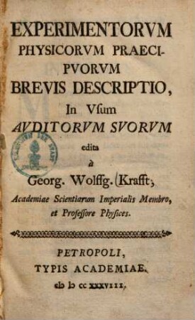 Experimentorum physicorum praecipuorum brevis descriptio