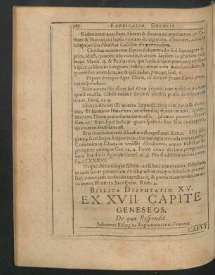 Biblica Disputatio XV. Ex XVII. Capite Geneseos. de qua Respondit Johannes Eisingius