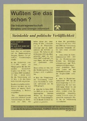 "Steinkohle und politische Verläßlichkeit"