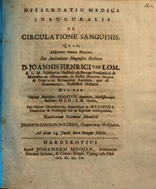 Diss. med. inaug. de circulatione sanguinis