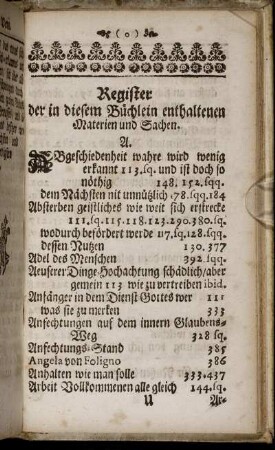 Register der in diesem Büchlein enthaltenen Materien und Sachen.