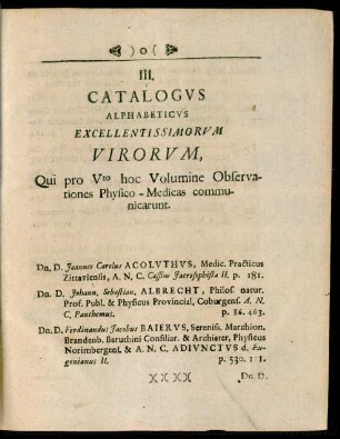 III. Catalogus Alphabeticus Excellentissimorum Virorum, Qui pro Vto hoc Volumine Observationes Physico-Medicas communicarunt