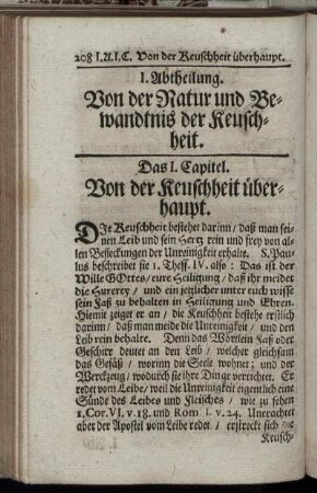 I. Abtheilung. Von der Natur und Bewandtnis der Keuschheit.