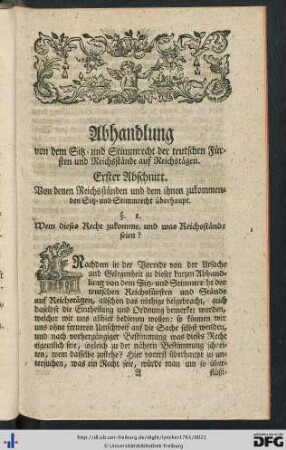 Erster Abschnitt. Von denen Reichsständen und dem ihnen zukommenden Sitz- und Stimmrecht überhaupt.