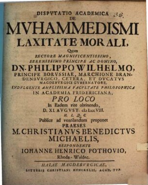 Dispvtatio Academica De Mvhammedismi Laxitate Morali