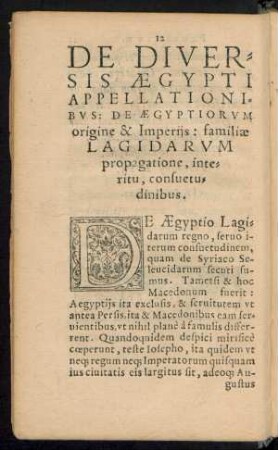 De Diversis Aegypti Appellationibus: De Aegyptiorum origne & Imperiis: familiae Lagidarum propagatione, interitu, consuetudinibus.