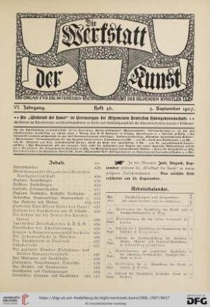 Inhalt / Arbeitskalender / Mitteilungen der Allgemeinen Deutschen Kunstgenossenschaft / Geplante Ausstellungen / Eröffnete Ausstellungen / Geplante Denkmäler / Enthüllte Denkmäler / Architektur / Staatsaufträge etc. / Staatsankäufe etc. / Aus Gelerien und Museen