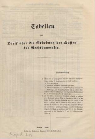 Tabellen zum Tarif über die Erhebung der Kosten der Rechtsanwalte