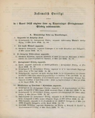 Systematisk Oversigt over de i Aaret 1852 udgivne Love og Anordninger Hertugdoemmet Slesvig vedkommende