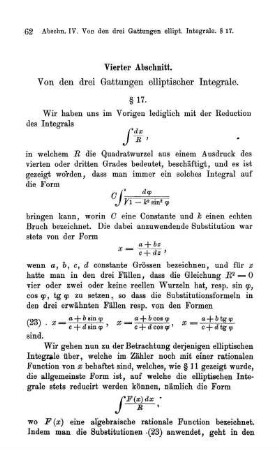 Abschnitt IV - VI. Von den drei Gattungen elliptischer Integale. Substitution der zweiten Ordnung zur Reduction der elliptischen Integrale. Das Additionstheorem.