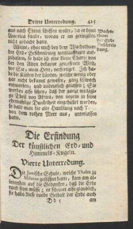 Die Erfindung der künstlichen Erd- und Himmelskugeln. Vierte Unterredung.
