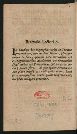 Benevoli Lectori S.