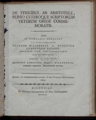 De Strigibus Ab Aristotele, Plinio Ceteroque Scriptorum Veterum Grege Commemoratis