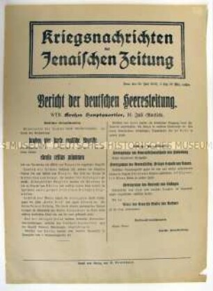 Nachrichtenblatt der "Jenaischen Zeitung" mit Meldungen von verschiedenen Kriegsschauplätzen