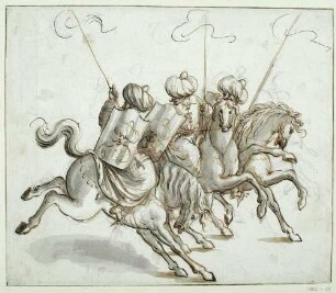 Drei türkische Reiter; Vorzeichnung zu Balthasar Küchlers: "Repraesentatio der Fürstlichen Auffzug und Ritterspil..." 1609