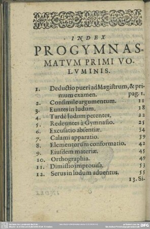 Index Progymnasmatum Primi Voluminis