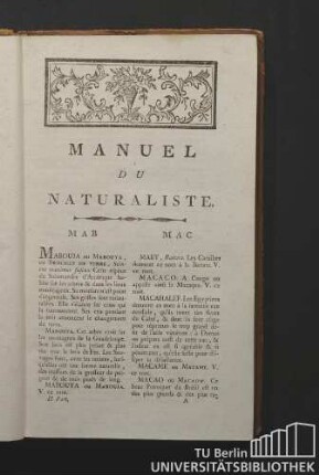 Manuel du Naturaliste. Kapitel 1. M.
