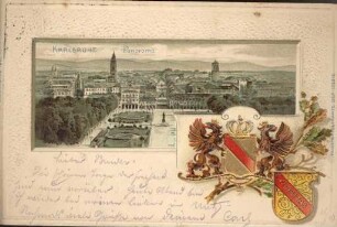 Postkartenalbum. "Karlsruhe - Panorama". Schlossplatz und Innenstadt