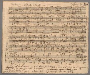 Fantaisie et variations sur thême du Postillon de Longjumeau, de Adam, pf, op. 474, a-Moll - BSB Mus.Schott.Ha 4648 : [title on foot of f.1 recto:] Fantaisie et Variations sur l'air favori /: Ah croyez à mon ardeur./ de l'opera // Le Postillon de Longjumeau de Mr Adam. composèes [crossed out: "par Char"] pour le // Pianoforte par Charles Czernӱ Oeuvre 474.