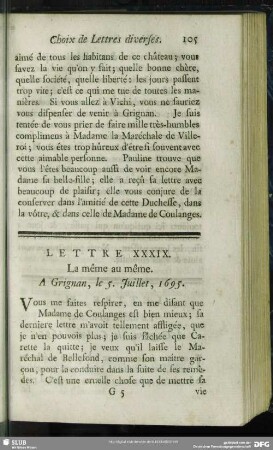 Lettre XXXIX. La même au même. A Grignan, le 5. Juillet, 1695