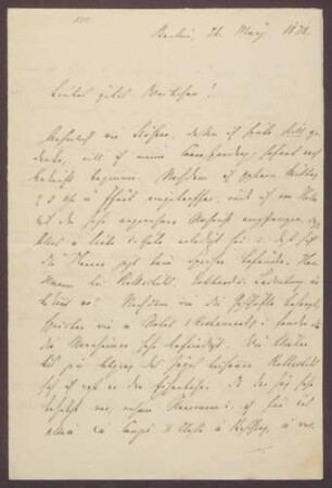 Schreiben von Moritz Ellstätter, Berlin, an seine Frau Marie: - Reisebericht - Empfang durch Helm - Kontakt zu [Adolf von] Hansemann und Rothschild - Besuche bei Gladbecks u. a. - Einladung von [Karl von] Hofmann - Kontakt zu [Heinrich] Lepique - Privates