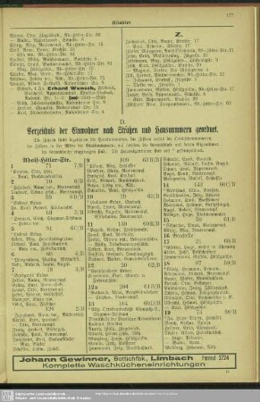D. Häuserbuch : D. Verzeichnis der Einwohner nach Straßen und Hausnummern geordnet
