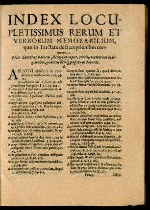 Index Locupletissimus Rerum Et Verborum Memorabilium, Quae in Tractatu de Exceptionibus continentur.