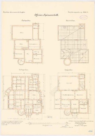 Kavallerie Kasernement, Danzig-Langfuhr Offizier Speiseanstalt: Grundriss KG, EG, DG, Sparrenlage, 1:100