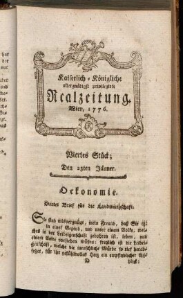 Viertes Stück; Den 23ten Jänner. Wien, 1776.