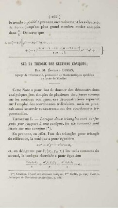 Sur la théorie des sections coniques.