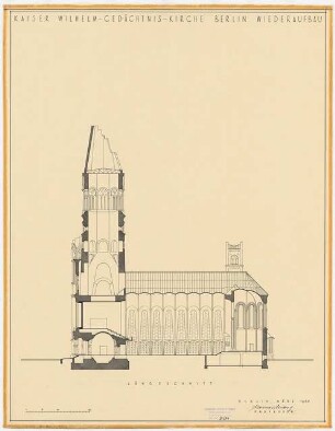 Kaiser-Wilhelm-Gedächtniskirche, Berlin-Charlottenburg: Wiederaufbau, Längsschnitt, 1:200