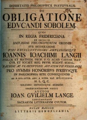 Dissertatio Philosophica Inavgvralis De Obligatione Edvcandi Sobolem