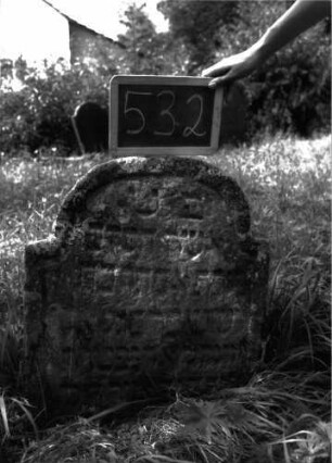 Grabstein 532 (Index: 100102564) Material: Sandstein Zustand: teilweise stark verwittert, eingesunken, teilweiser Textverlust Maße HxBxT: 64x57x9 cm Beschreibung: Stele, eingezogener unregelmäßiger Bogenabschluss, Schriftfeld eingetieft: Grabstein 532