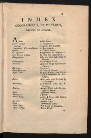 Index Geographicus, Et Militaris, Latine, Et Italice